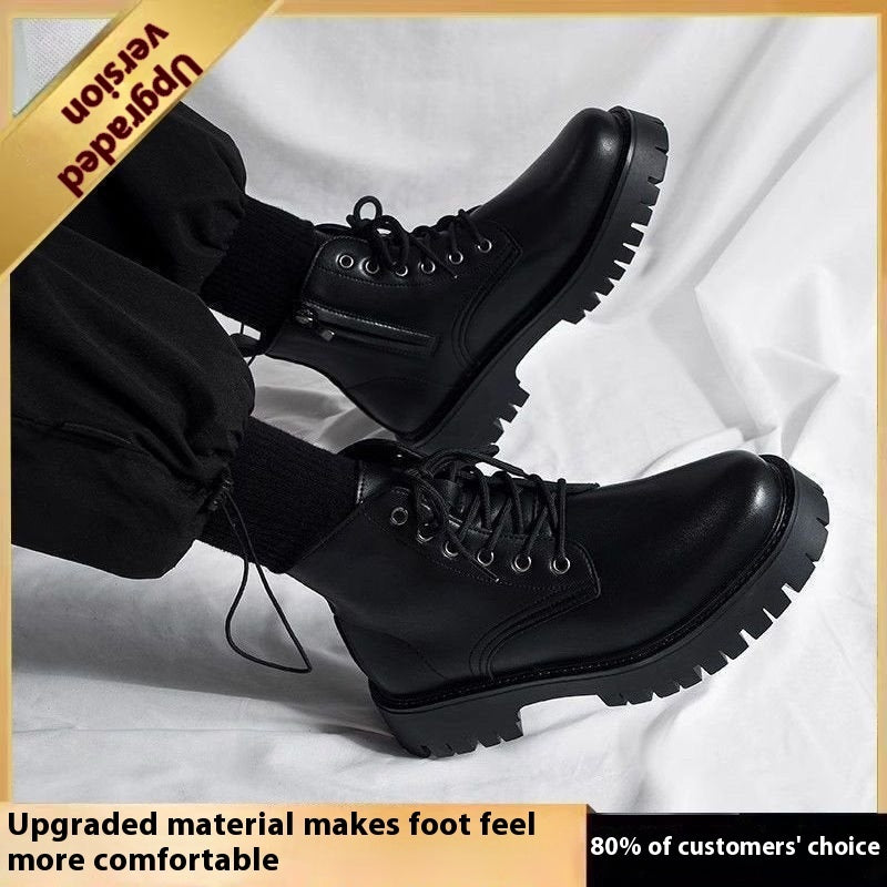 Men's High-top Side Zipper Leather Shoes Black Mid-Top Increased By Worker Boot