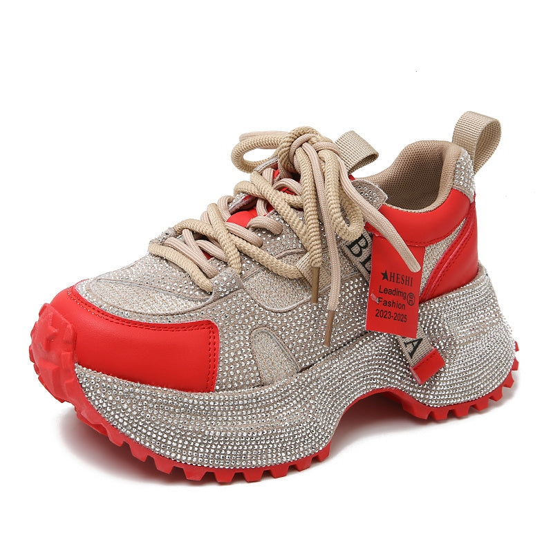 Shiny Sequin Women's High-top Sneakers With Thick Soles, Lace-up Fashion Shoes Featuring Silver And Red Rhinestone Design