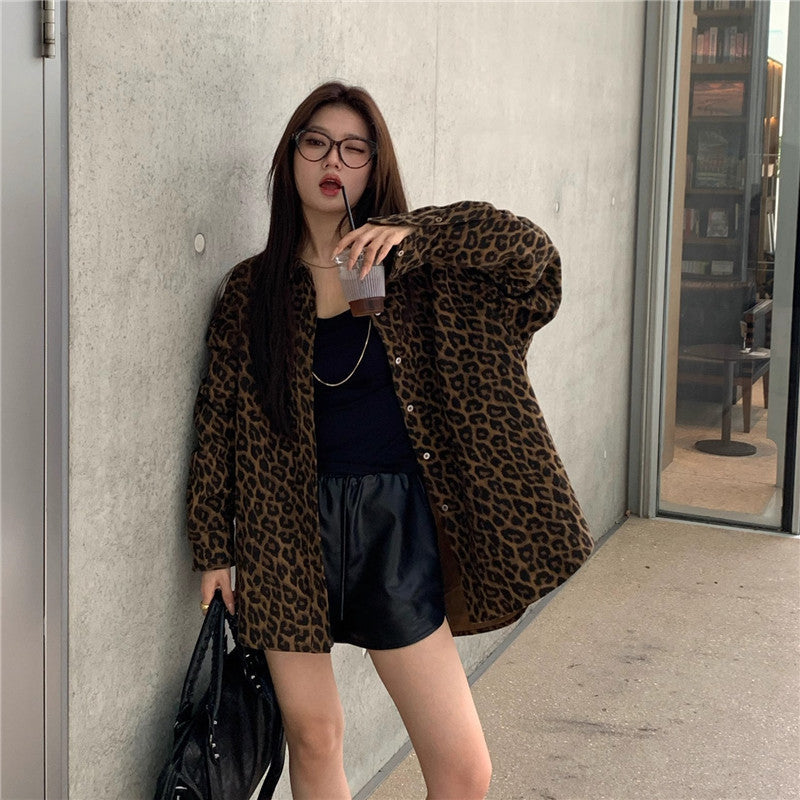 American Leopard Print Polo Collar Shirt Coat Women