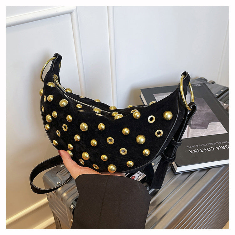 Retro Rivet Bag Frosted Imitation Buckskin Commuter's All-matching Shoulder Underarm Bag