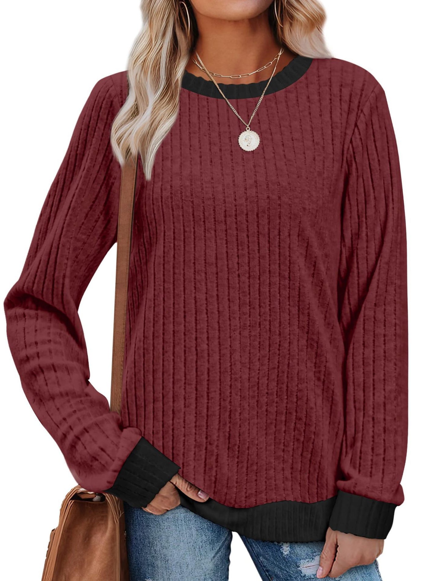 Color Matching Casual Round Neck Pullover Long Sleeve Top