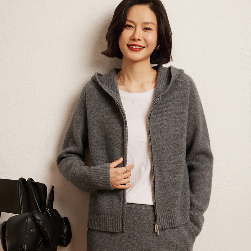 Women's Cashmere Hooded Zip Cardigan Sweater