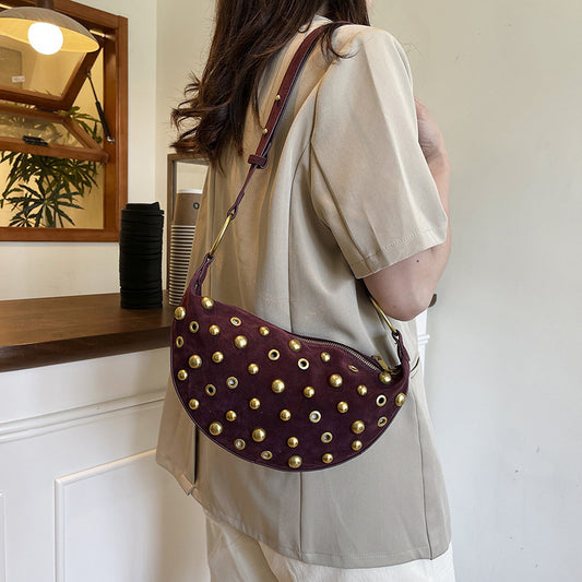 Retro Rivet Bag Frosted Imitation Buckskin Commuter's All-matching Shoulder Underarm Bag