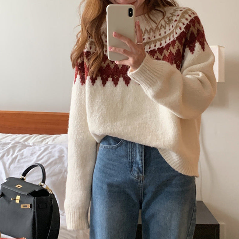 Loose Knitted Round Neck Pullover Red Sweater