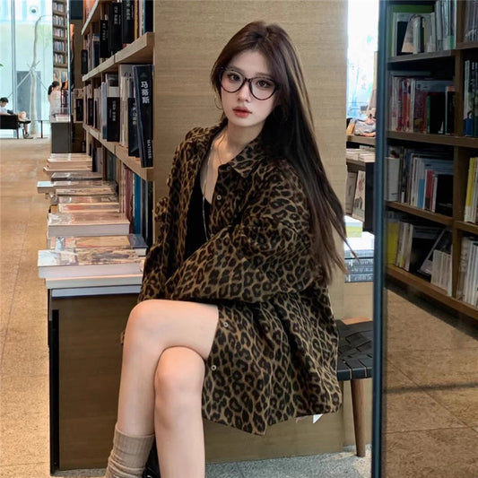 American Leopard Print Polo Collar Shirt Coat Women