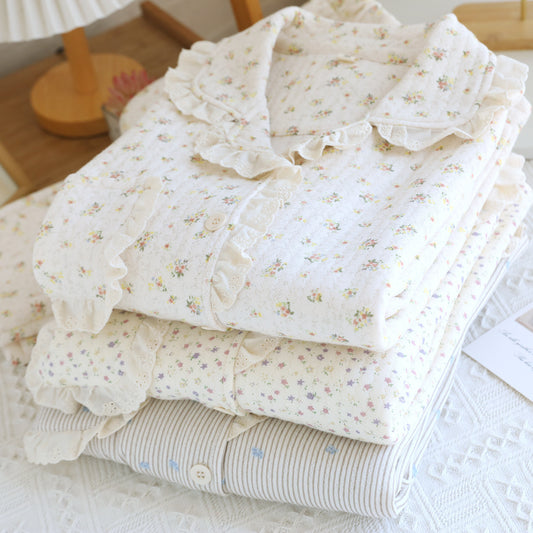 Air Layer Pastoral Floral Lace Lapel Pajamas Suit
