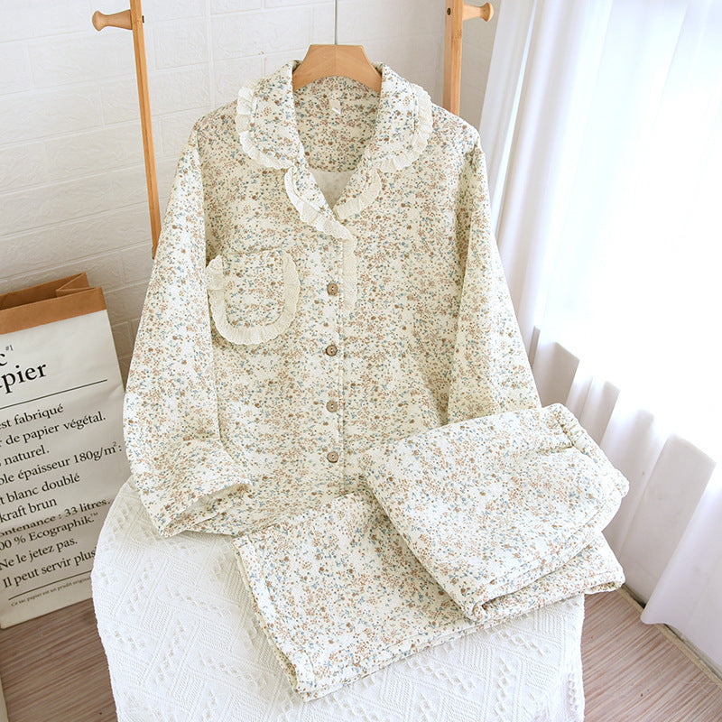 Air Layer Pastoral Floral Lace Lapel Pajamas Suit