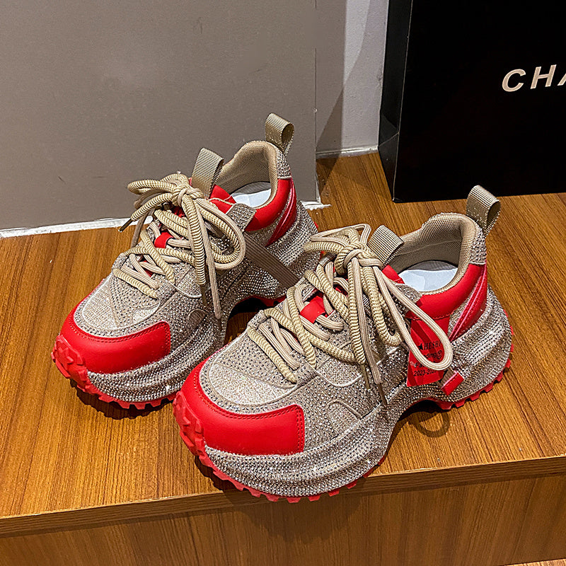 Shiny Sequin Women's High-top Sneakers With Thick Soles, Lace-up Fashion Shoes Featuring Silver And Red Rhinestone Design