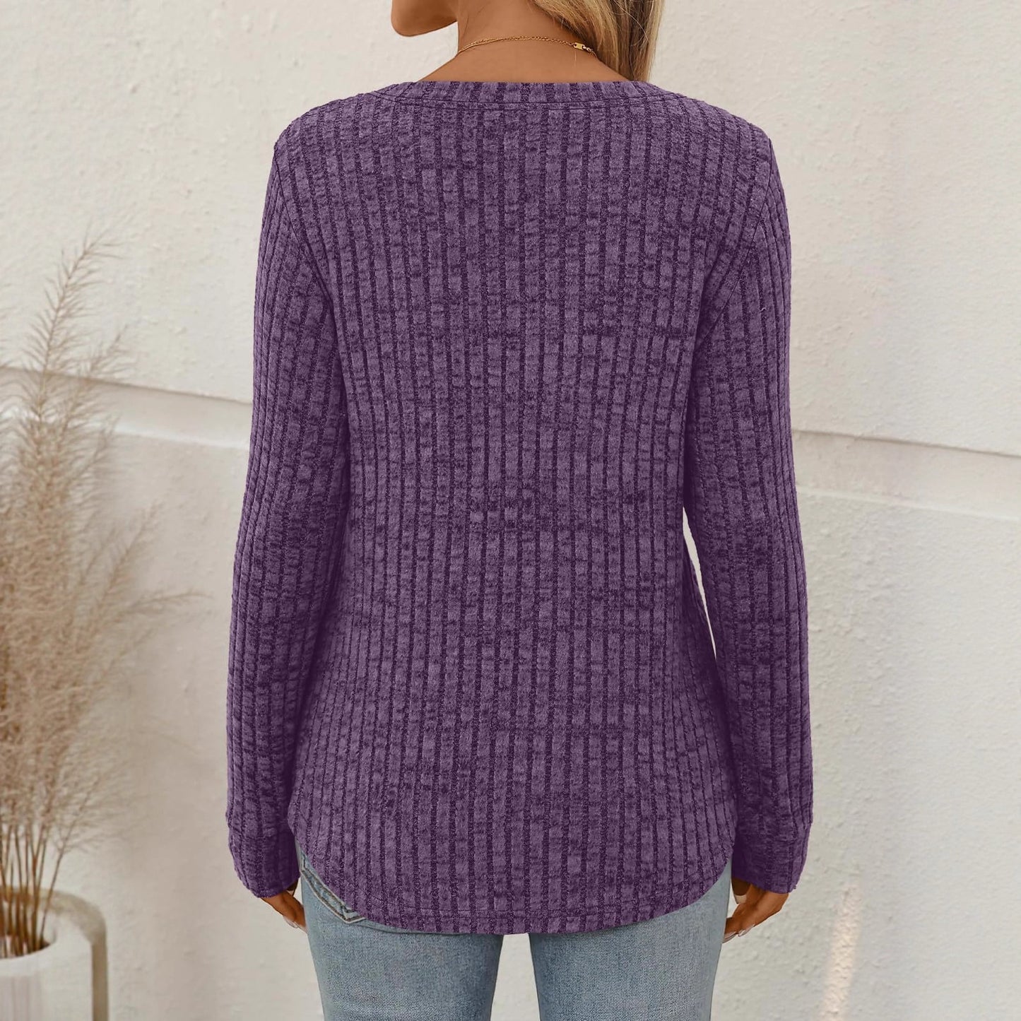 Women's V-neck Sunken Stripe Brushed Solid Color Top