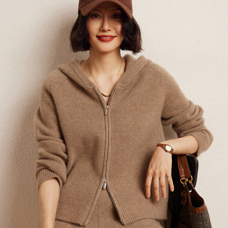 Women's Cashmere Hooded Zip Cardigan Sweater