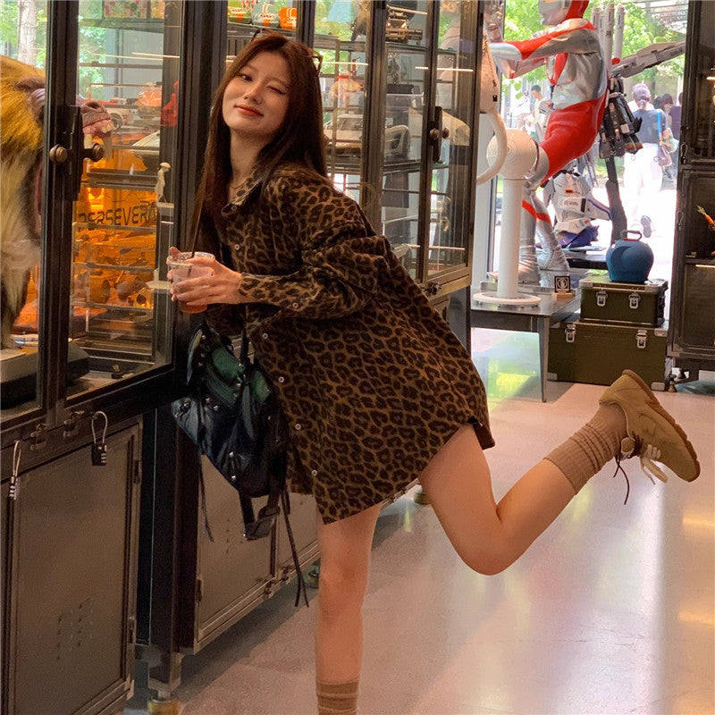 American Leopard Print Polo Collar Shirt Coat Women