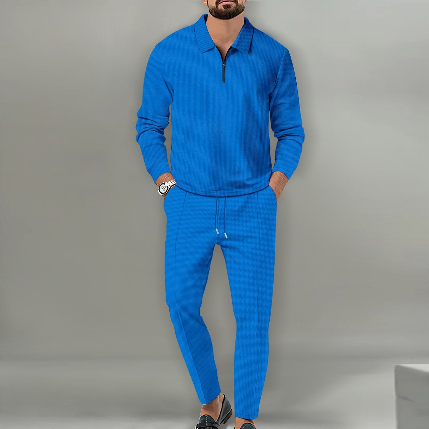 Waffle Solid Color Zipper Long Sleeve Trousers Suit Men