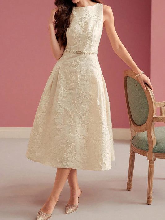 Elegant Jacquard Sleeveless Midi Dress