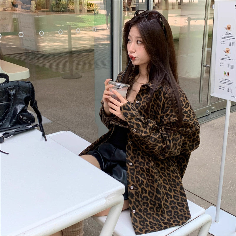 American Leopard Print Polo Collar Shirt Coat Women