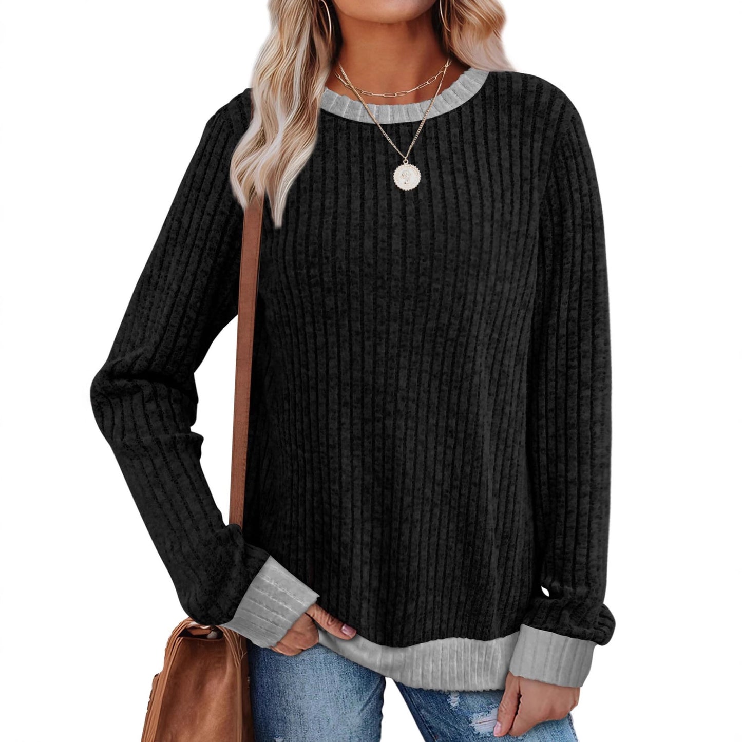 Color Matching Casual Round Neck Pullover Long Sleeve Top