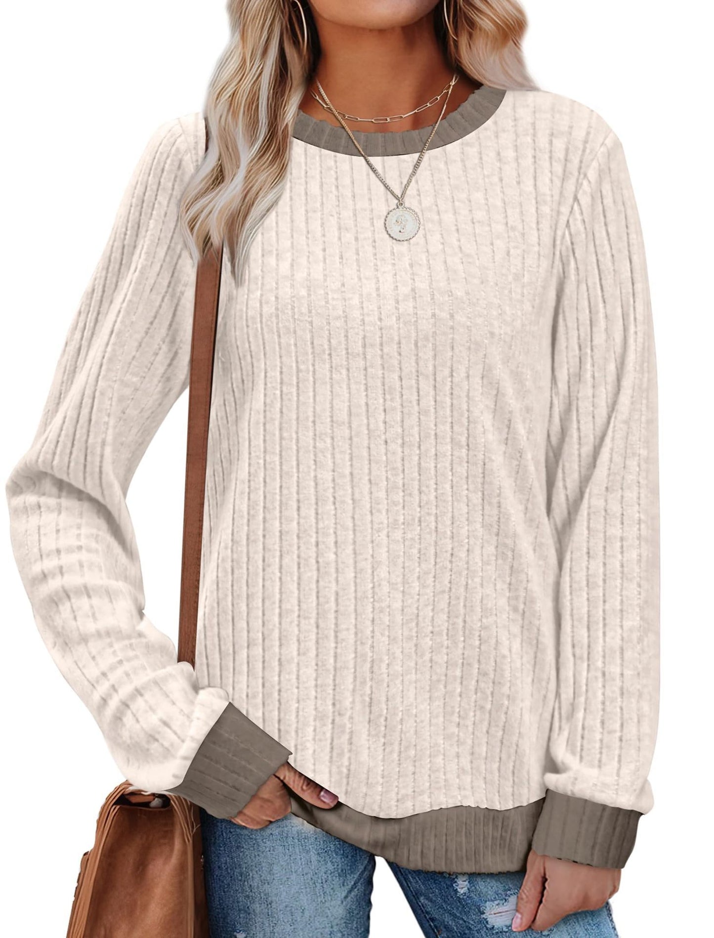 Color Matching Casual Round Neck Pullover Long Sleeve Top