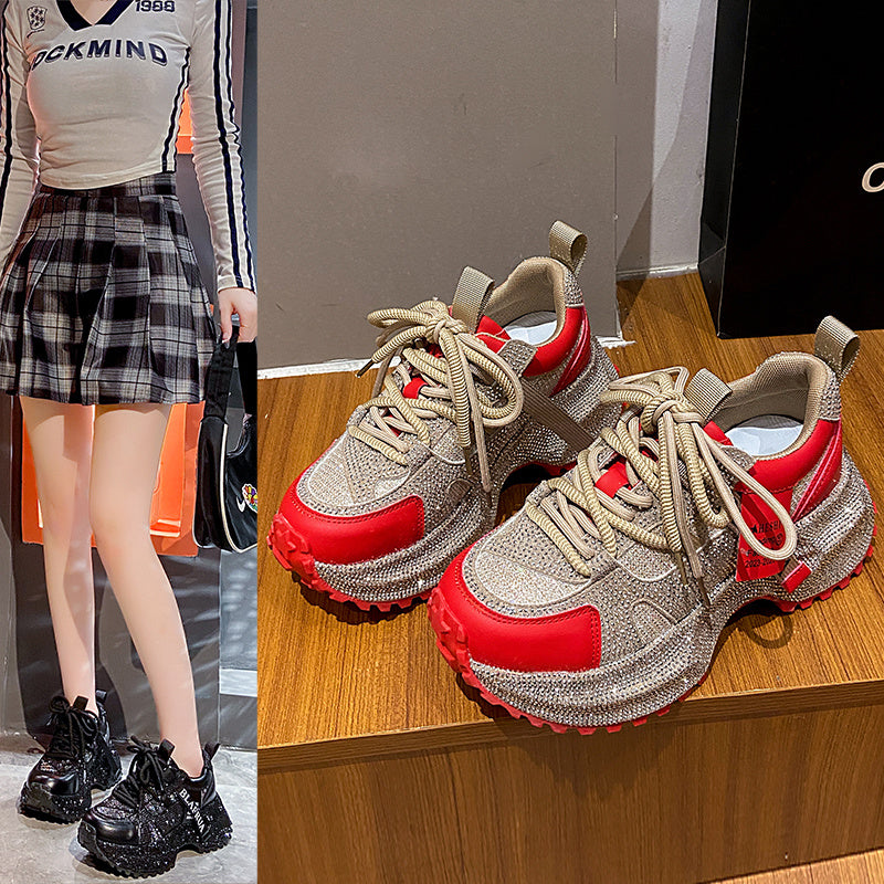 Shiny Sequin Women's High-top Sneakers With Thick Soles, Lace-up Fashion Shoes Featuring Silver And Red Rhinestone Design