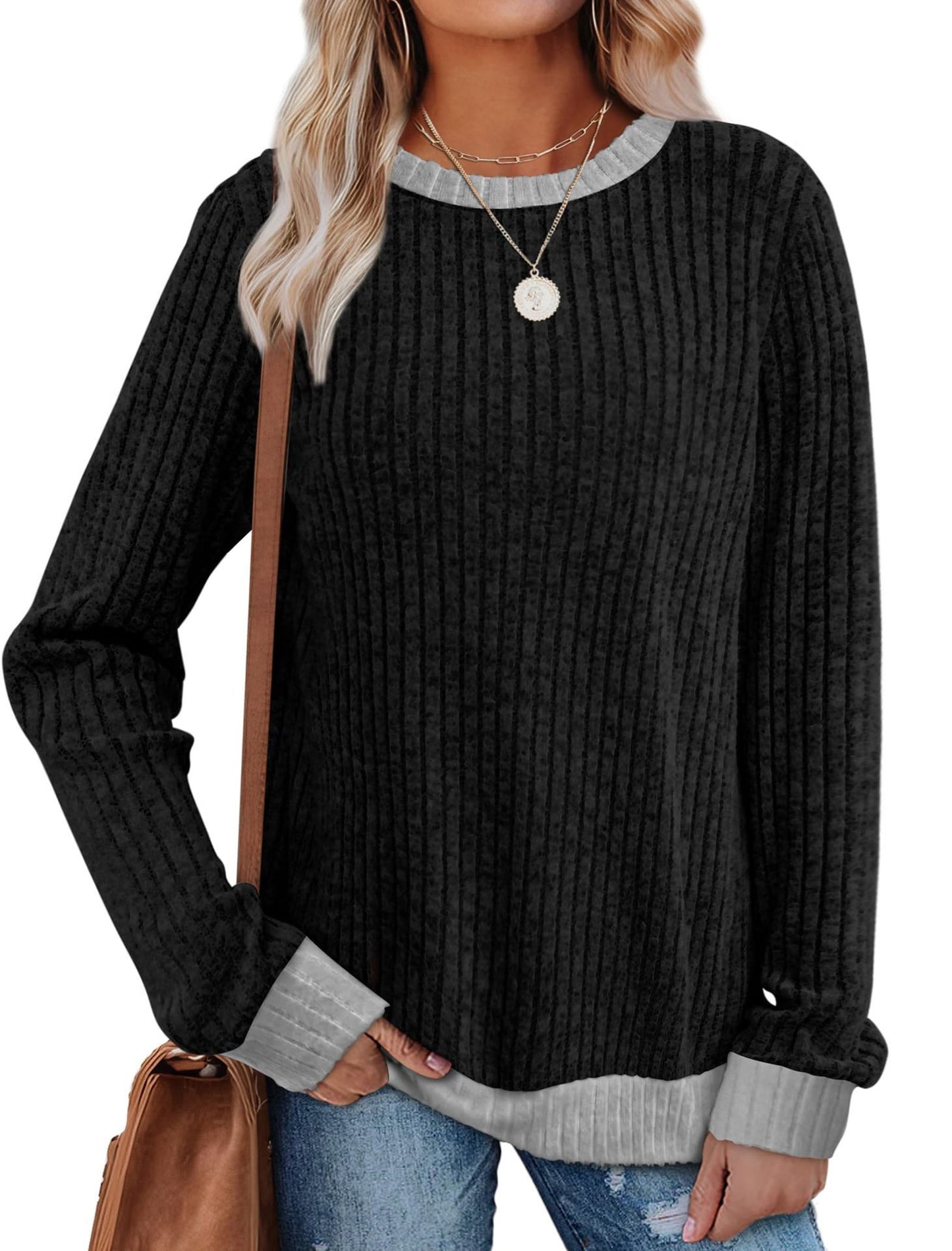Color Matching Casual Round Neck Pullover Long Sleeve Top