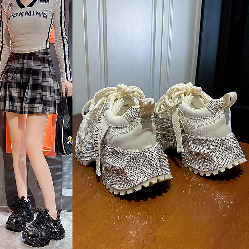 Shiny Sequin Women's High-top Sneakers With Thick Soles, Lace-up Fashion Shoes Featuring Silver And Red Rhinestone Design