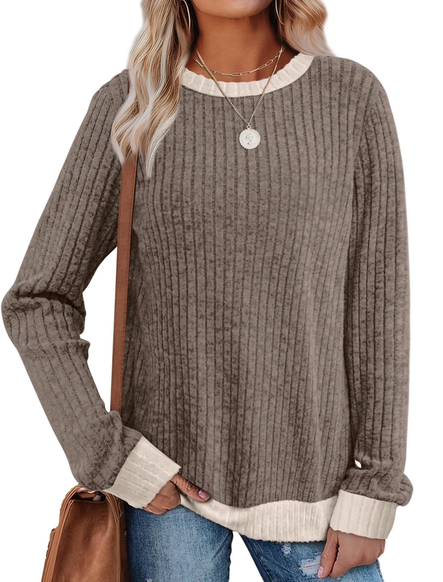 Color Matching Casual Round Neck Pullover Long Sleeve Top