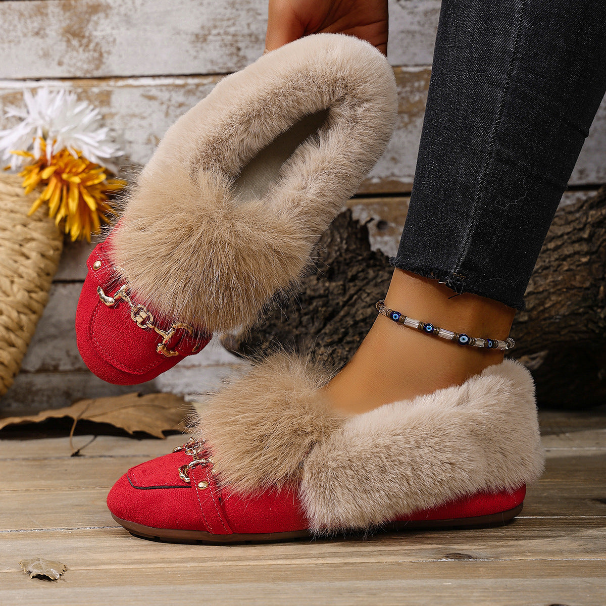 Cotton-padded With Velvet Lightweight And Comfortable Skin-friendly Plush Comfortable Versatile Women's Shoes