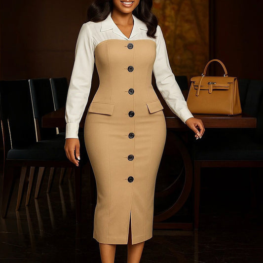 Long Sleeve Suit Collar Stitching Hip Dress