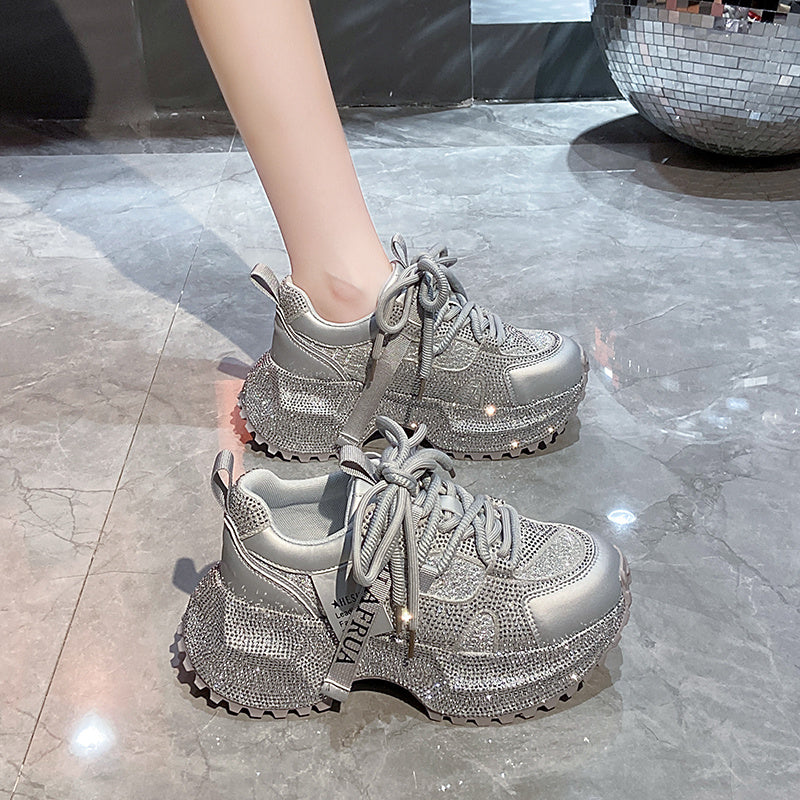 Shiny Sequin Women's High-top Sneakers With Thick Soles, Lace-up Fashion Shoes Featuring Silver And Red Rhinestone Design
