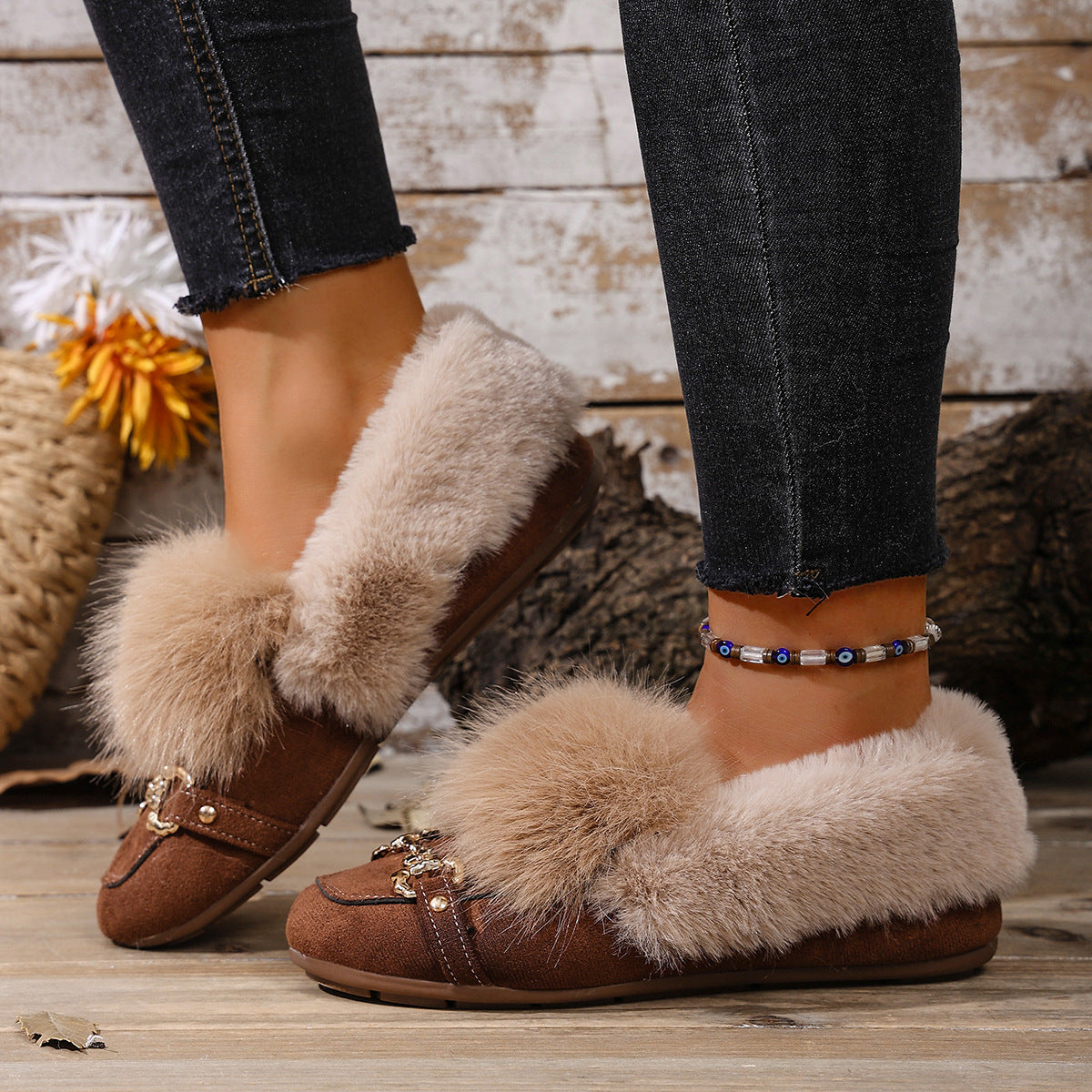 Cotton-padded With Velvet Lightweight And Comfortable Skin-friendly Plush Comfortable Versatile Women's Shoes