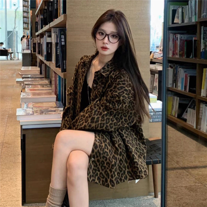 American Leopard Print Polo Collar Shirt Coat Women