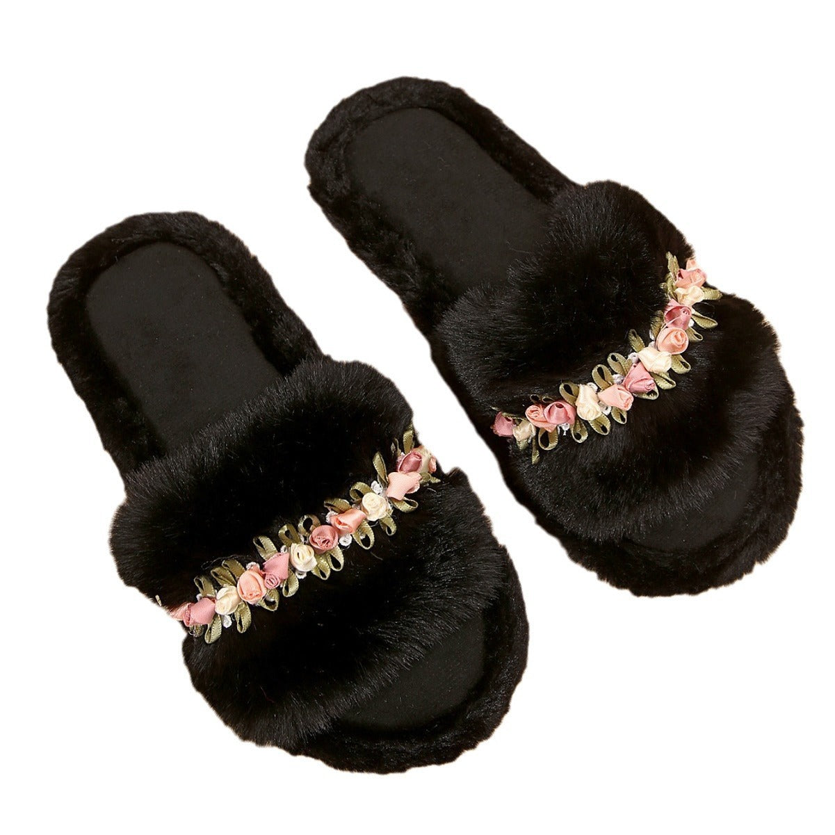 Flower Fluffy Slippers Female Soft Bottom Home Word Cotton Slippers