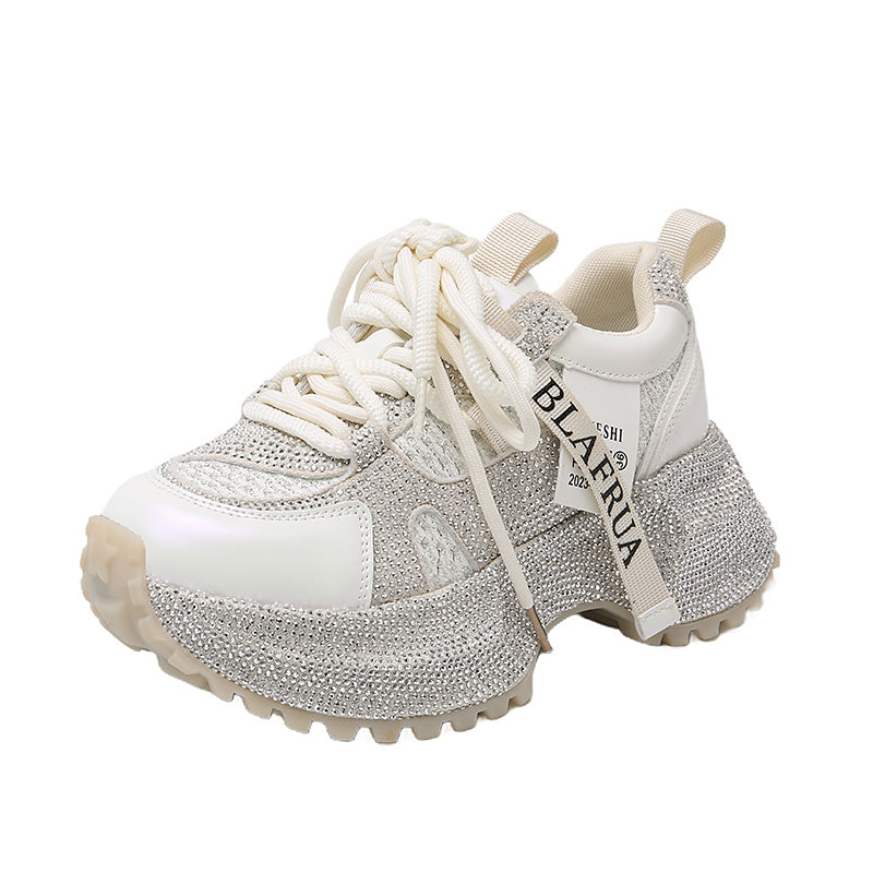 Shiny Sequin Women's High-top Sneakers With Thick Soles, Lace-up Fashion Shoes Featuring Silver And Red Rhinestone Design