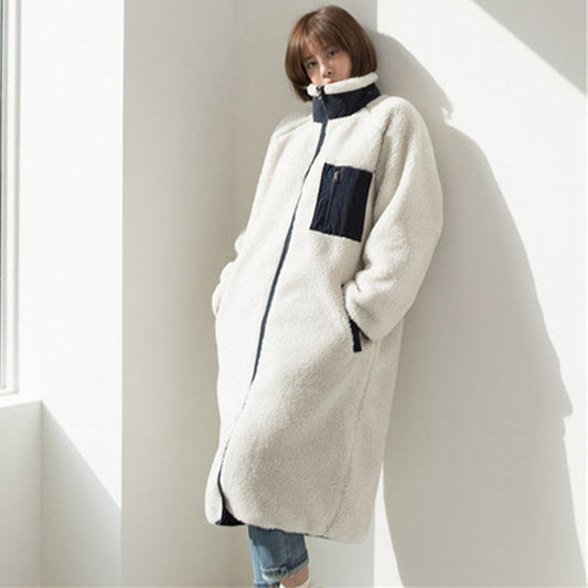 Stand Collar Color Matching Lambswool Two-sided Zipper Coat