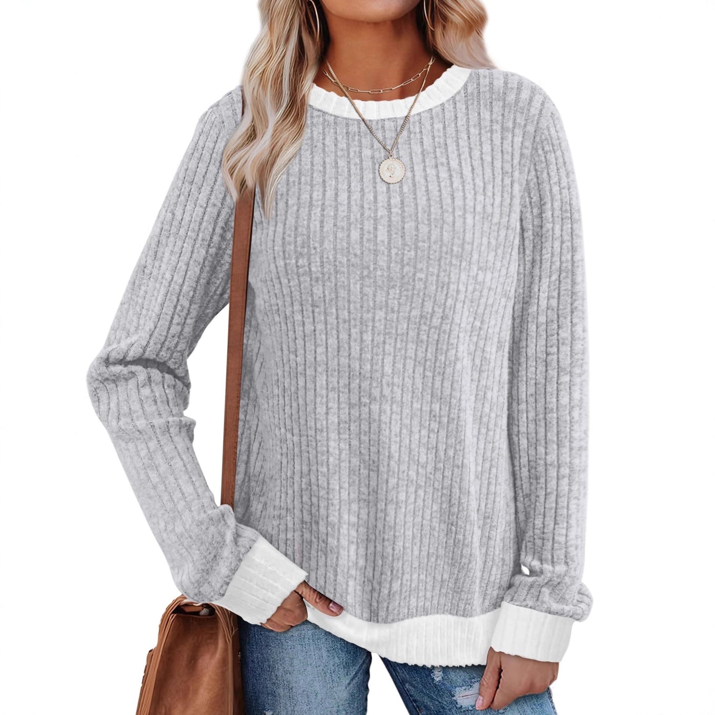 Color Matching Casual Round Neck Pullover Long Sleeve Top