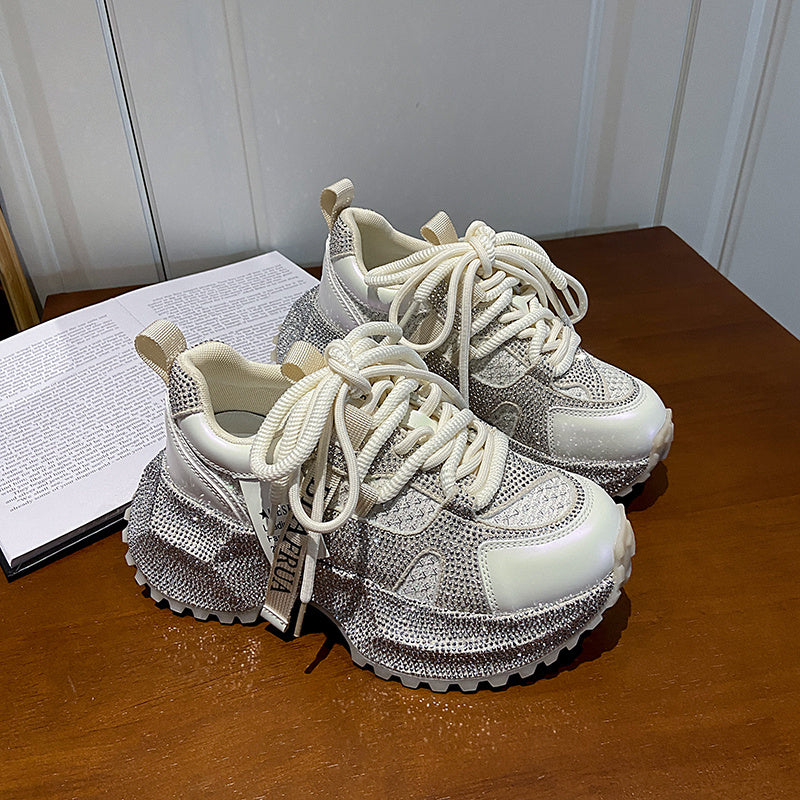 Shiny Sequin Women's High-top Sneakers With Thick Soles, Lace-up Fashion Shoes Featuring Silver And Red Rhinestone Design