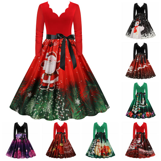 V-neck Long Sleeve Stitching Printing Retro Wide Hem Skirt